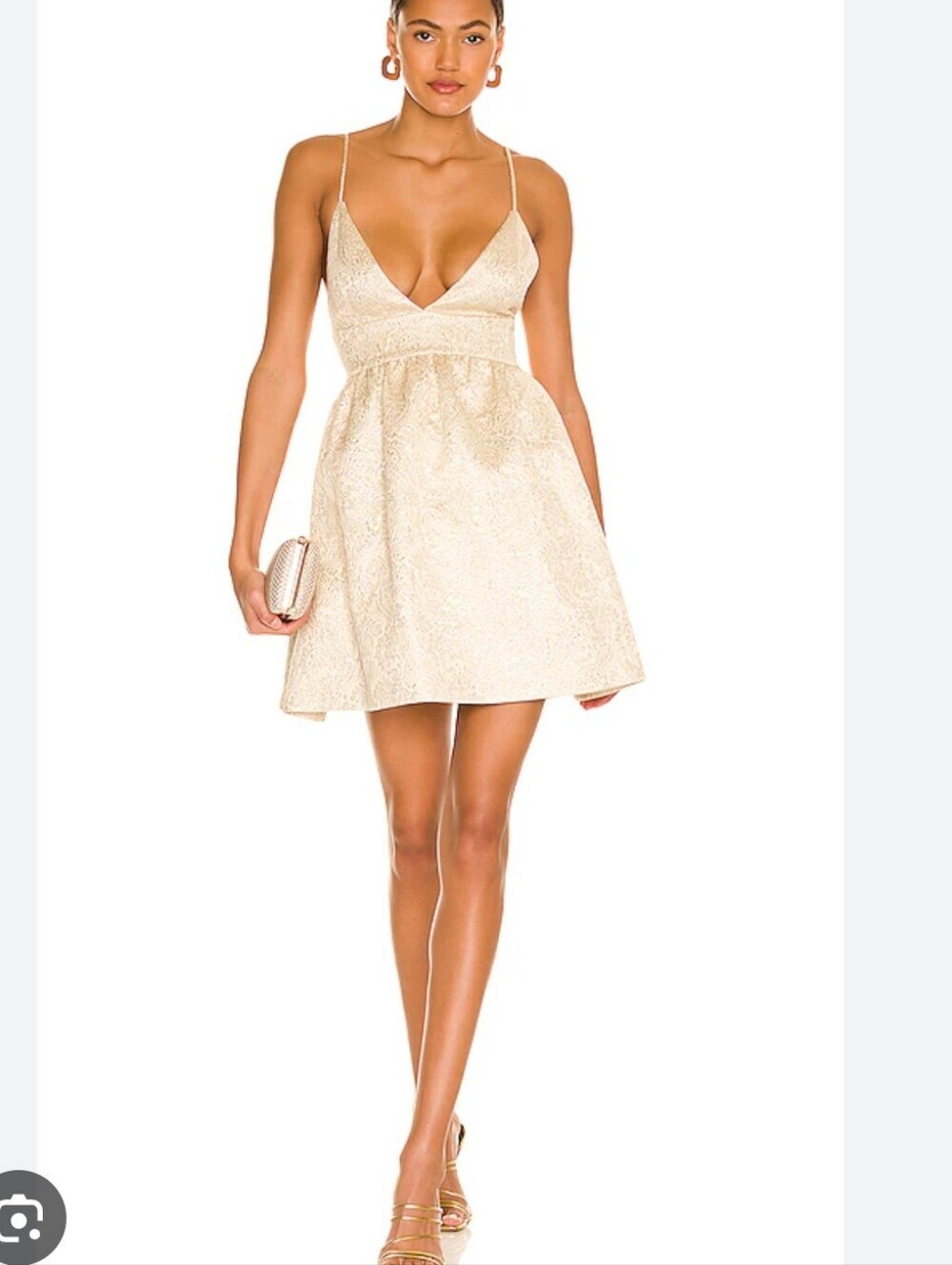 Alice + Olivia "Foley Curved Waist Party Mini Dress". V Neck. Gold Pattterns. 6.